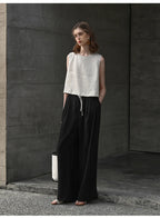 100% Linen Tank Top Women 2026 Summer Breathable Short Tops Sleeveless Casual Loose Cotton Linen Drawstring Crop Tops