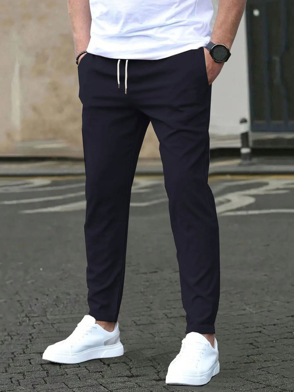 Men's Solid Color Drawstring Waist Casual Pants Regular Fit Comfy Trousers with Pockets for Spring And Fall