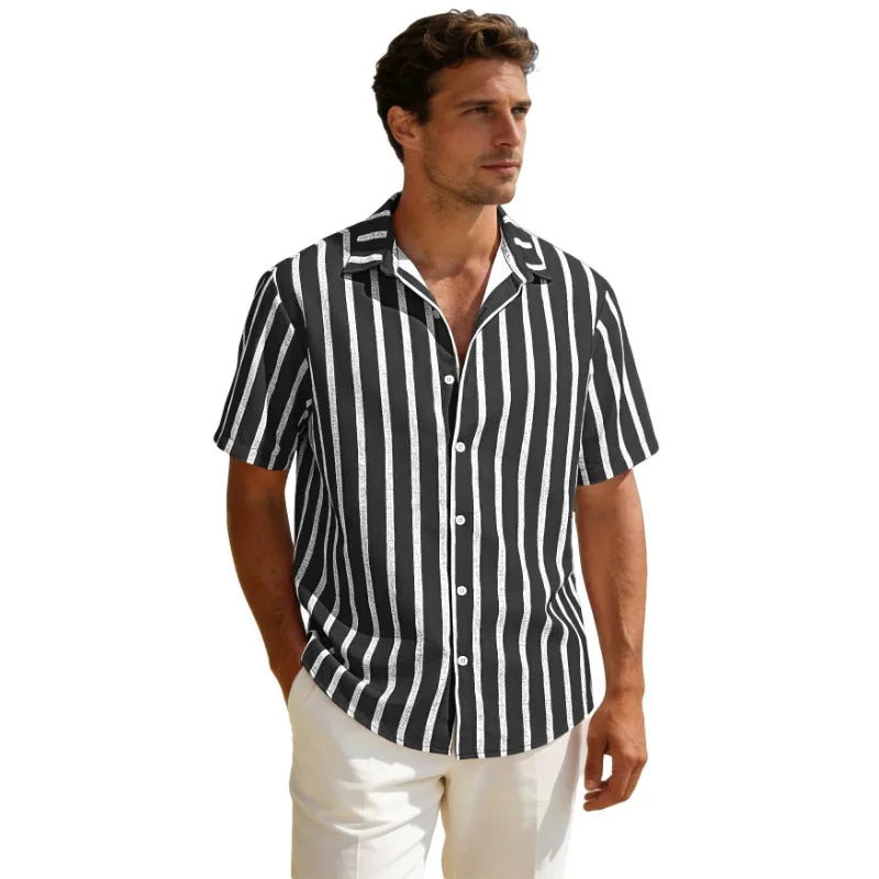 Summer new men's striped short sleeved shirt, men's casual versatile loose short sleeved shirt