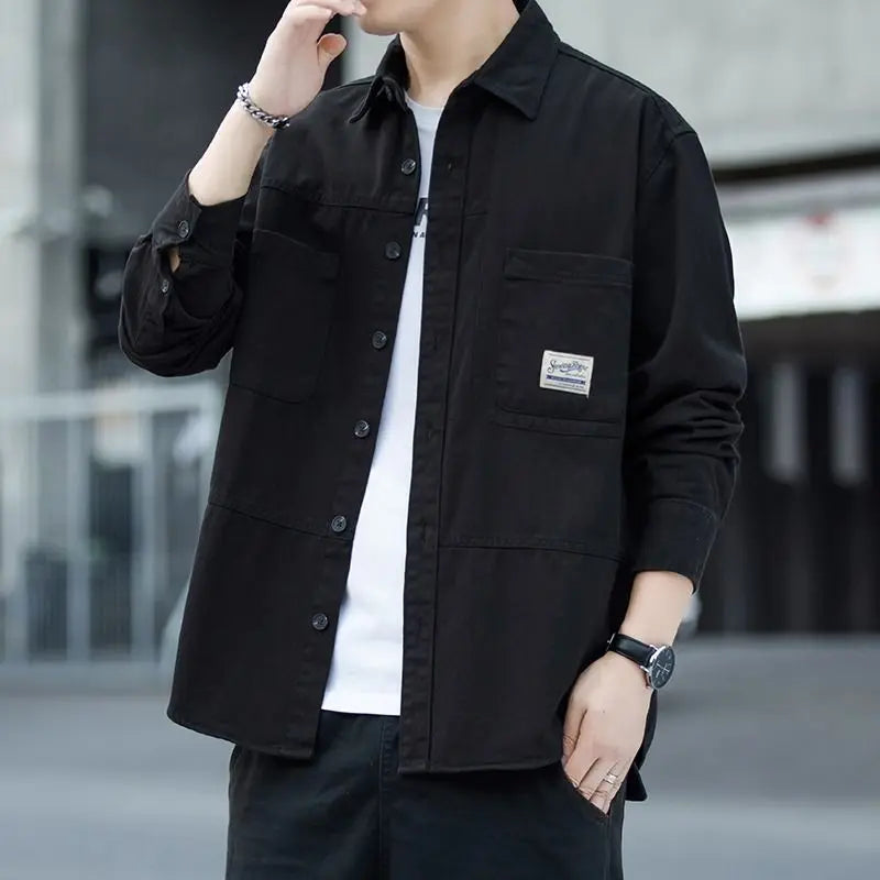 Men's Pure Cotton Long Sleeve Shirt Vintage Workwear Simple Style Autumn Winter New Arrival Casual Versatile Top Youth Fashion
