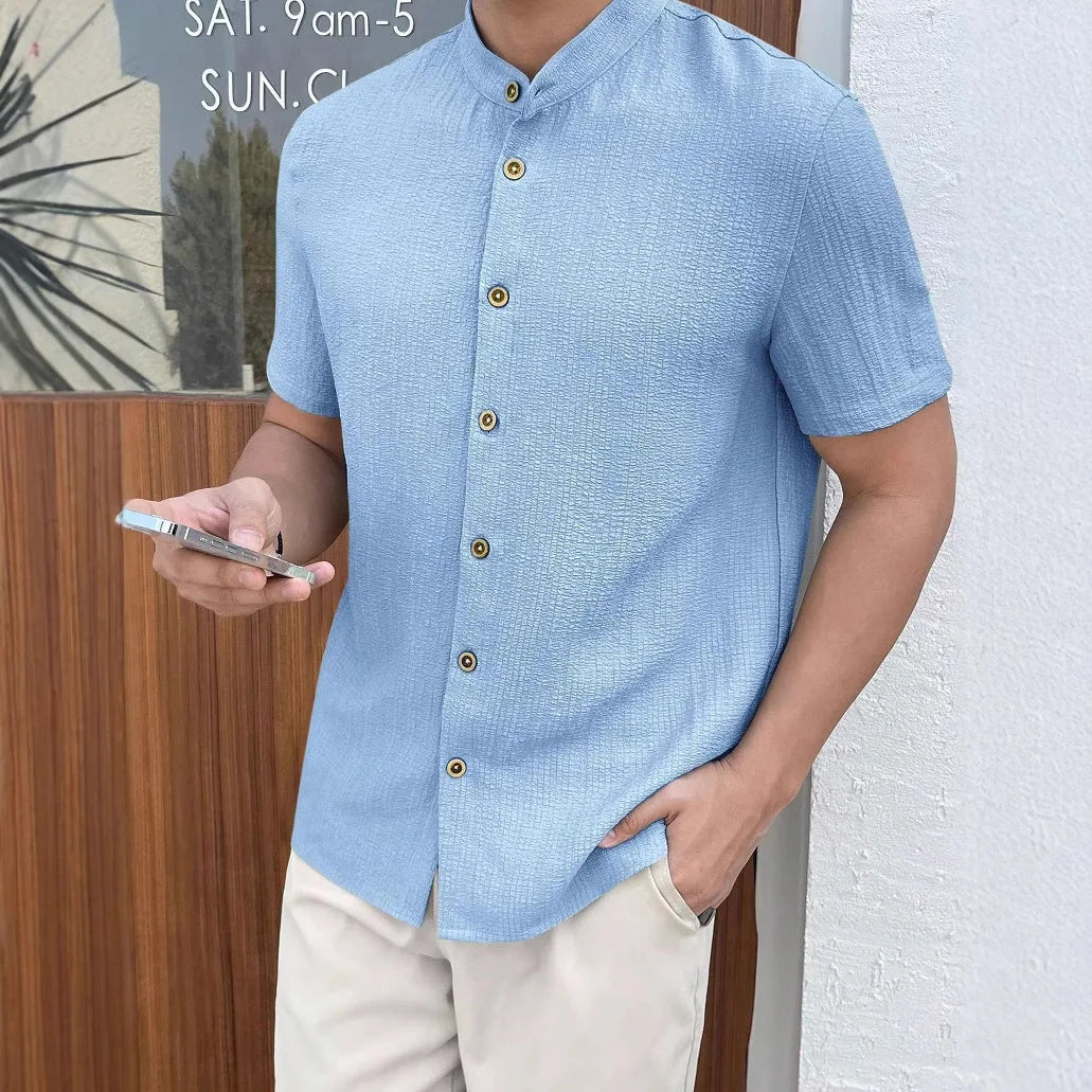 Men Loose Knit Solid Color Casual Short Sleeve Shirt