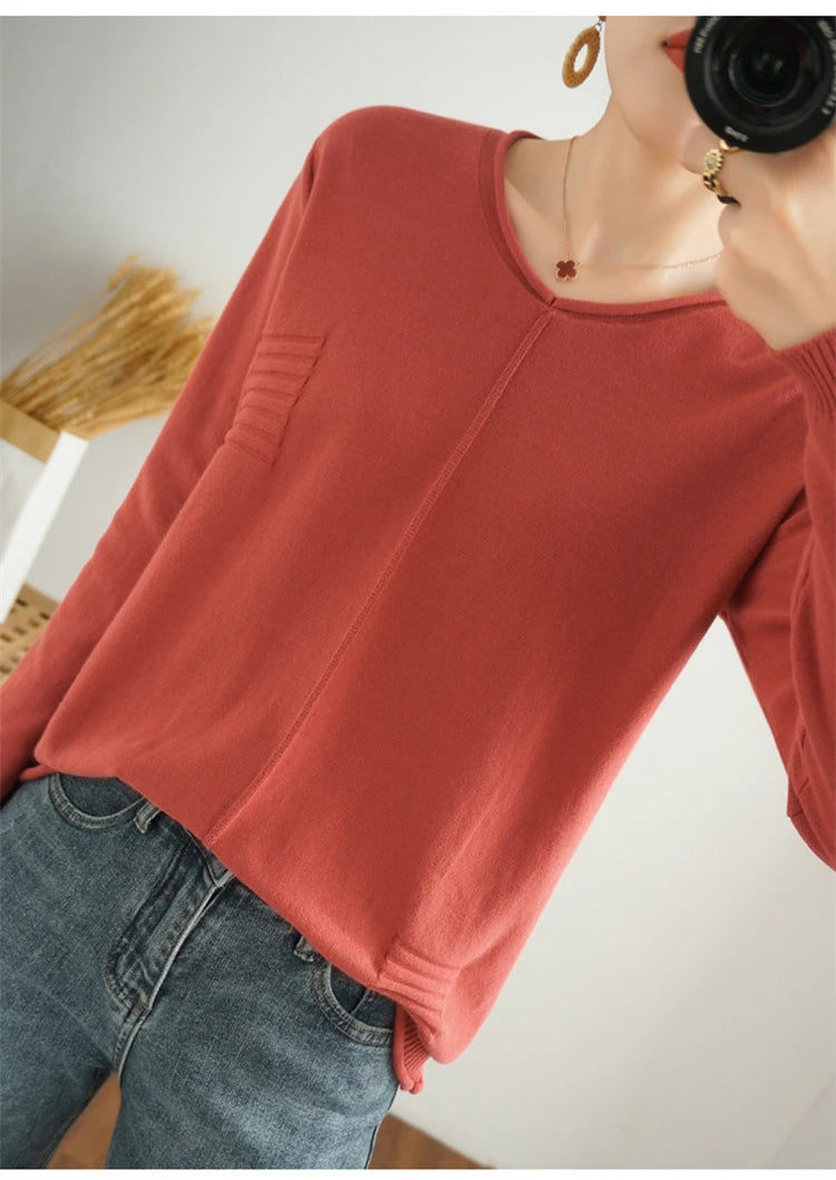 2023 Autumn/Winter Women's New Pullover Casual Solid 100% Cotton Knitted V-Neck Loose Sweater Fashion Soft Breathable Top