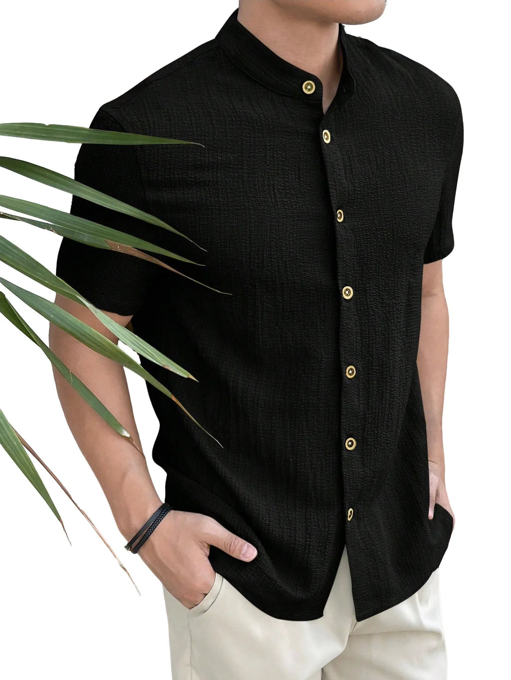 Casual Summer Shirt Men's Stand Collar Short Sleeve Light Maturity Leisure T-Shirt Open Cardigan Polyester Quick Dry Anti-Def...