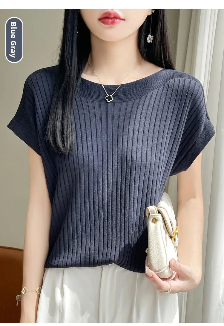 Summer Thin Ice Silk Knitted Loose T-Shirt Women's Short Sleeve Versatile Top Breathable Cool Feeling Pure Color Basic Fit