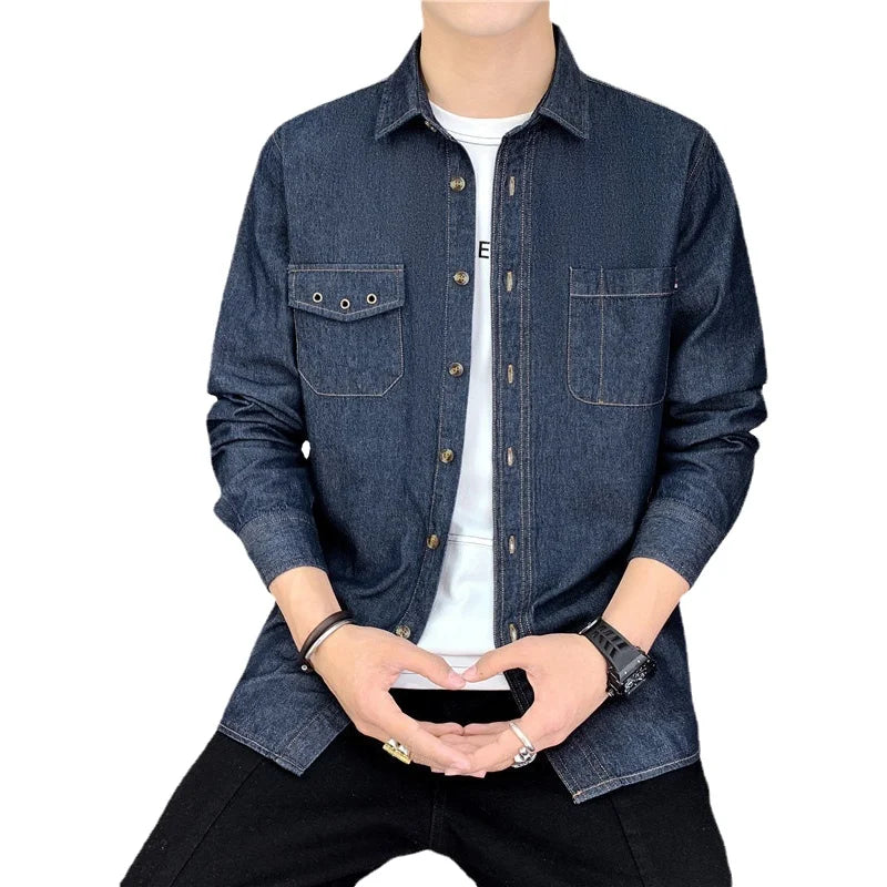 New Men's Denim Shirt Pure Cotton Washed Fashion Top Youth Style Japanese Design Autumn Collection Slim Fit Long Sleeve Casua...