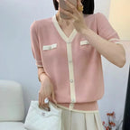 Elegant Short Sleeve V-Neck Knitwear Women's Summer Fashion Versatile Thin Korean Style Commute Wind T-Shirt Casual Pure Color