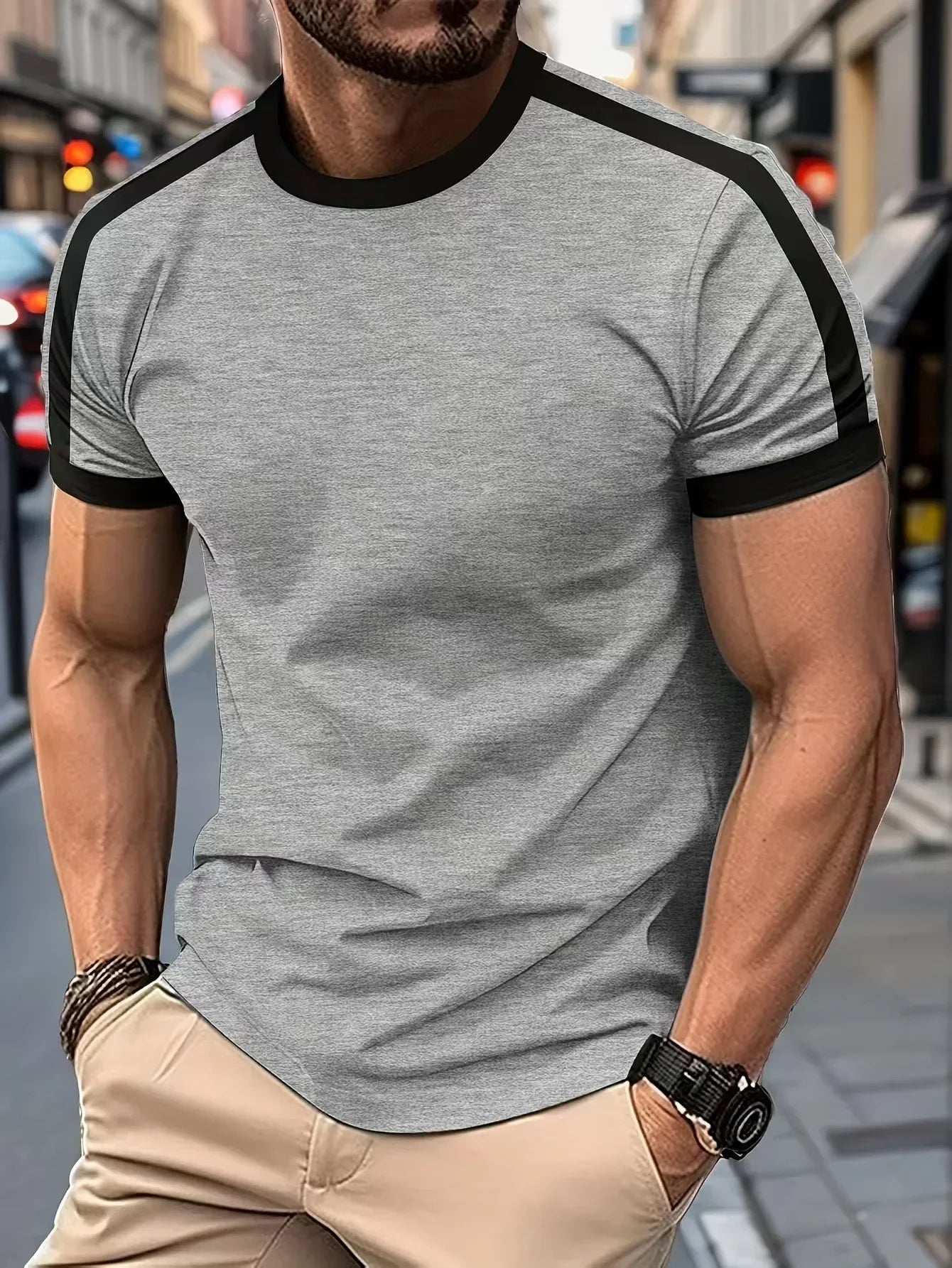 Men's Casual Short-Sleeved European and American Sports Fitness Contrasting Color Men's T-Shirt