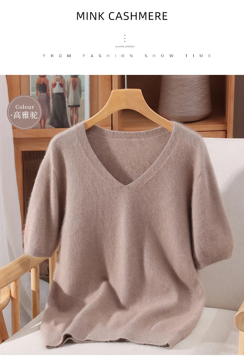 Women's 100% pure mink cashmere V-neck sweater T-shirt solid color knitted fashionable versatile short sleeved pullover sweater
