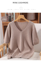 Women's 100% pure mink cashmere V-neck sweater T-shirt solid color knitted fashionable versatile short sleeved pullover sweater
