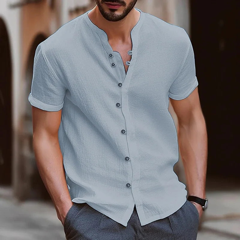 2026 Fashion Men's New Short-Sleeved T-Shirt Fashion Men's Retro Buttoned Cotton-Linen Casual Short-Sleeved Shirt