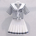 Girls Summer Casual Striped Sailor Collar Short Sleeve Suits 4 6 8 10 12 14 Years Girls JK Style Fashion Tops+Skirts 2pcs Sets