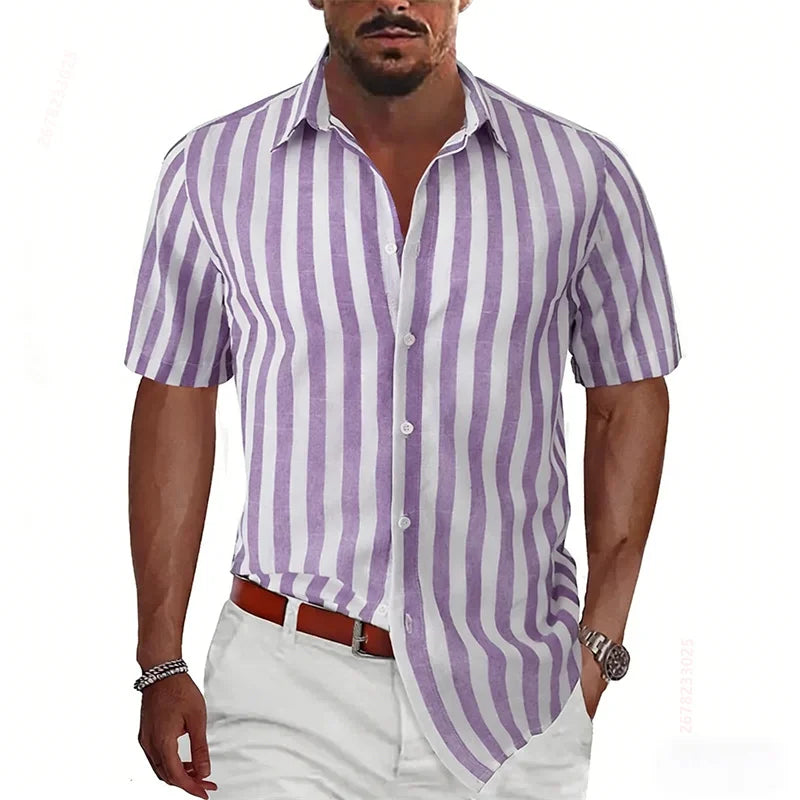2026 Summer New Men's Striped Short-Sleeve Shirt, Multiple Colors Available, Outdoor Streetwear Casual Fashion Men's Top, XS-6XL