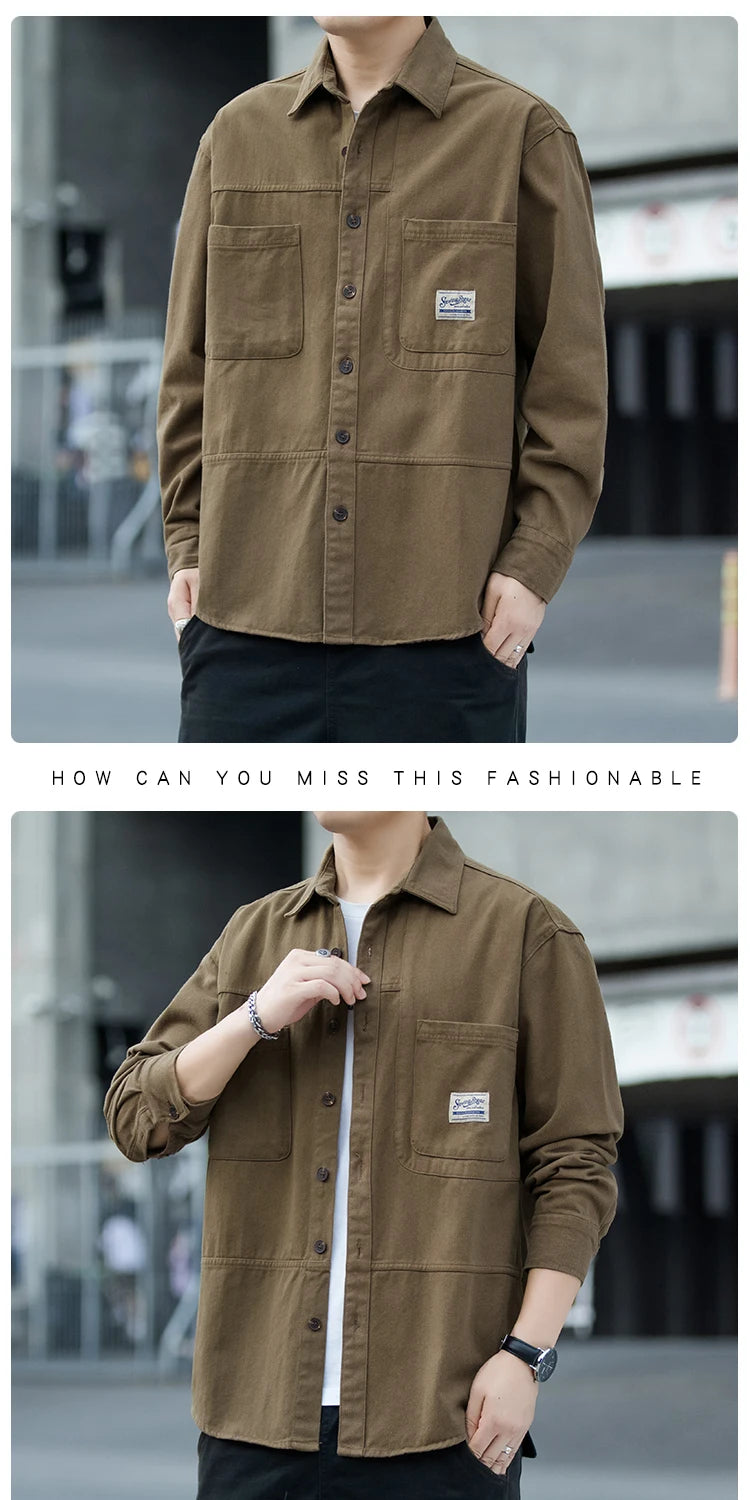 Men's Pure Cotton Long Sleeve Shirt Vintage Workwear Simple Style Autumn Winter New Arrival Casual Versatile Top Youth Fashion