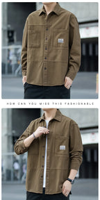 Men's Pure Cotton Long Sleeve Shirt Vintage Workwear Simple Style Autumn Winter New Arrival Casual Versatile Top Youth Fashion