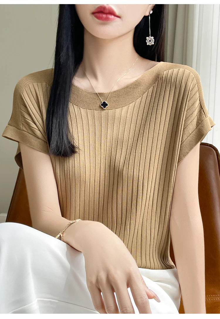 Summer Thin Ice Silk Knitted Loose T-Shirt Women's Short Sleeve Versatile Top Breathable Cool Feeling Pure Color Basic Fit