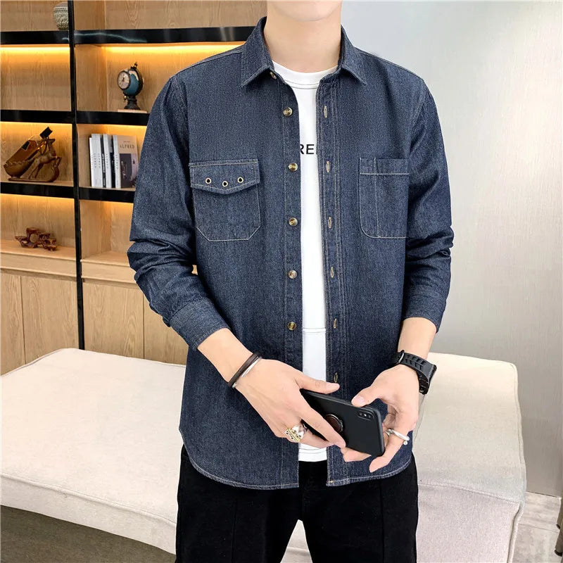 New Men's Denim Shirt Pure Cotton Washed Fashion Top Youth Style Japanese Design Autumn Collection Slim Fit Long Sleeve Casua...