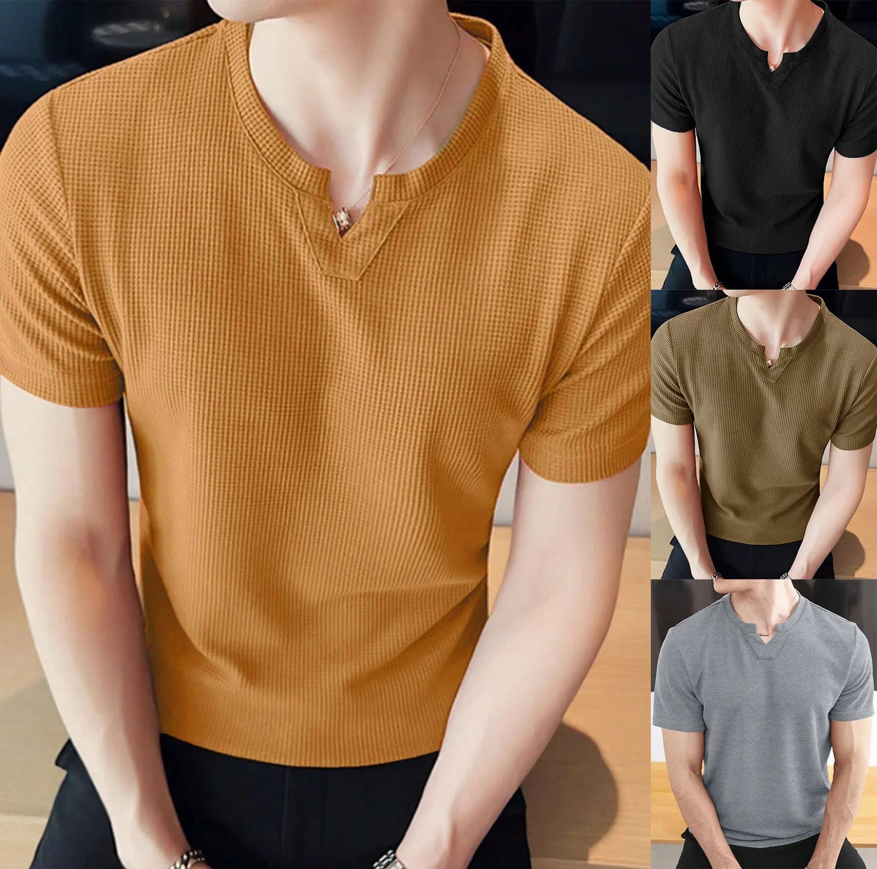 Men's Sporty V-Neck T-Shirt Breathable Casual Summer Top Comfortable Advanced Feeling Male Model Summer Season Crew Neck