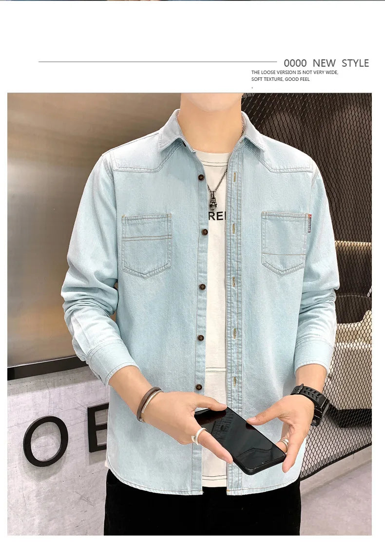 New Men's Denim Shirt Pure Cotton Washed Fashion Top Youth Style Japanese Design Autumn Collection Slim Fit Long Sleeve Casua...