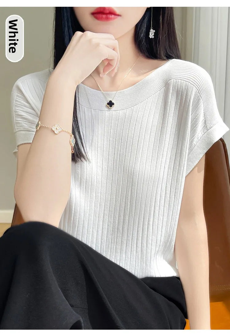 Summer Thin Ice Silk Knitted Loose T-Shirt Women's Short Sleeve Versatile Top Breathable Cool Feeling Pure Color Basic Fit