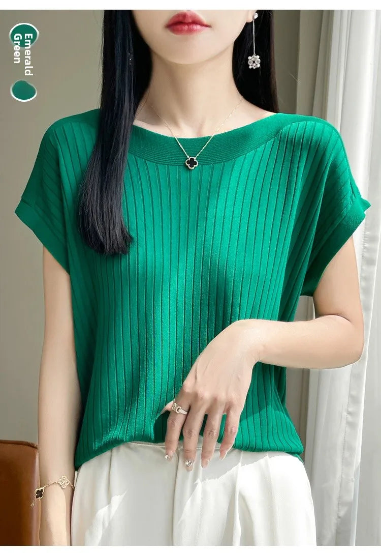 Summer Thin Ice Silk Knitted Loose T-Shirt Women's Short Sleeve Versatile Top Breathable Cool Feeling Pure Color Basic Fit