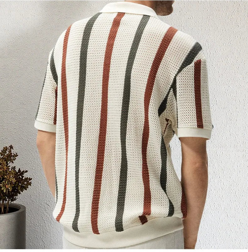 New American Chic Hollow Out Male Polo Shirts Trendy Striped Knitted V Neck Short Sleeve T-shirt High Street Breathable Knitwear