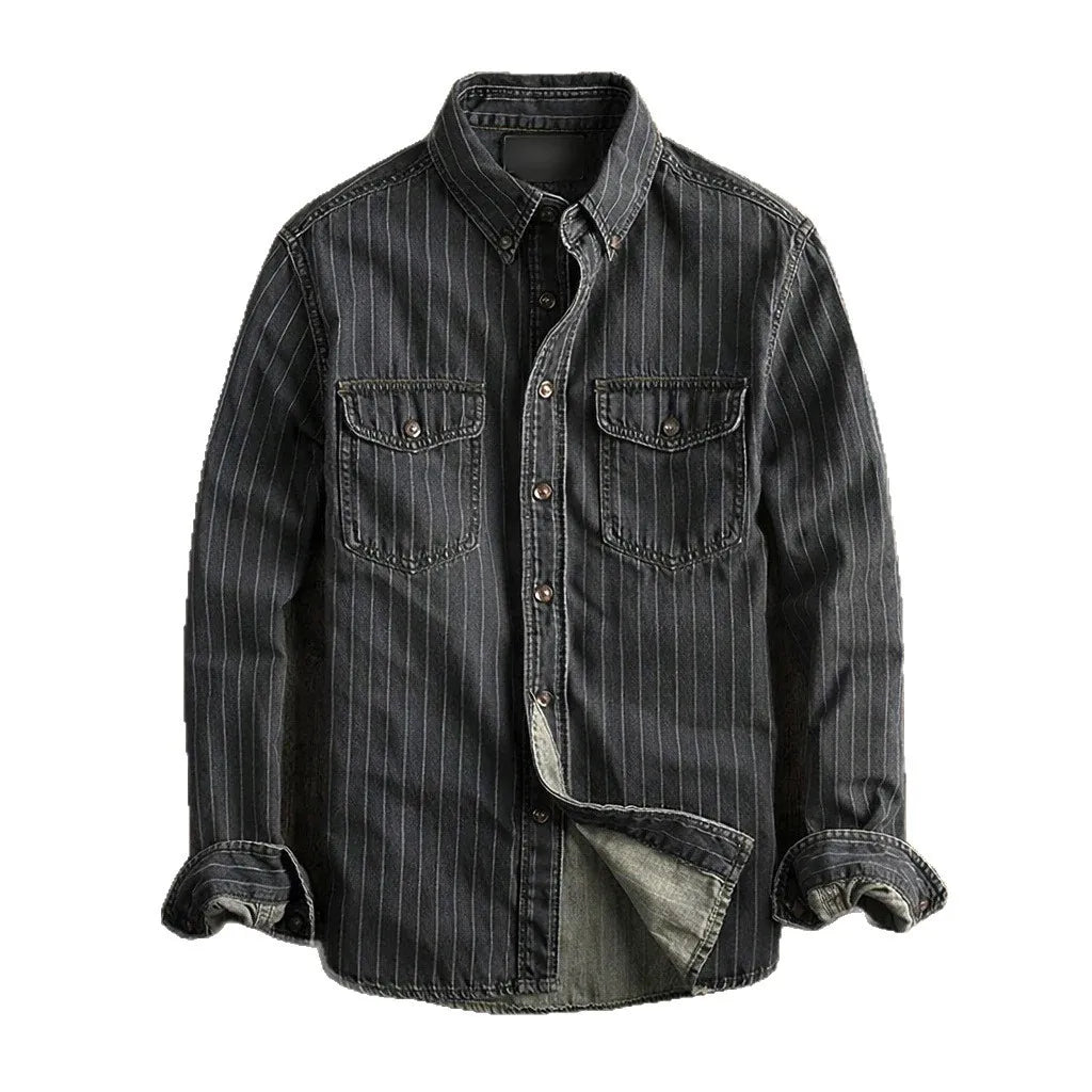 Retro Denim Striped Shirt Men's Casual Slim Fit Spring Fashion Outerwear Lightweight Long Sleeve Polyester Fiber Urban Style