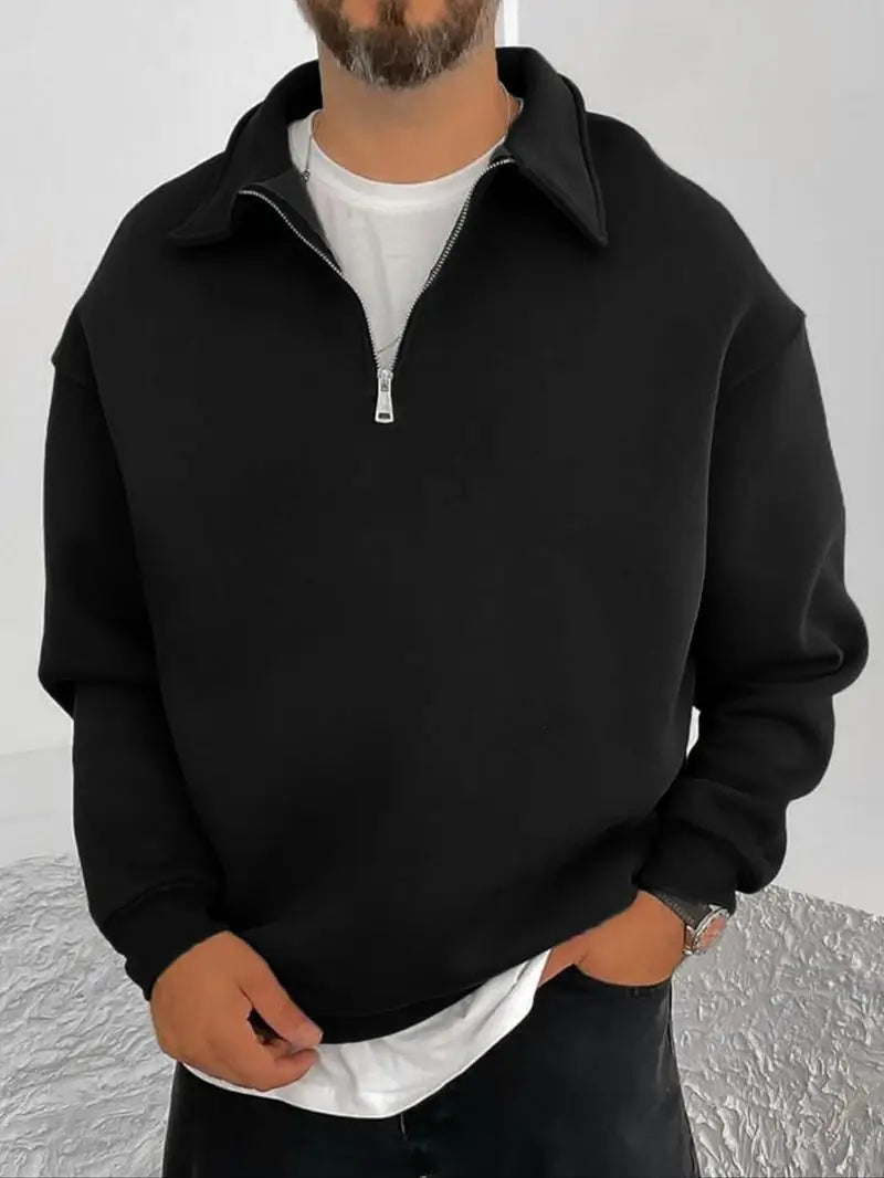 2025 New Men's Double-sided Fleece Half-Zip Casual Hoodie Jacket Autumn Winter Polyester Fiber Sporty Loose Fit Fashion Urban