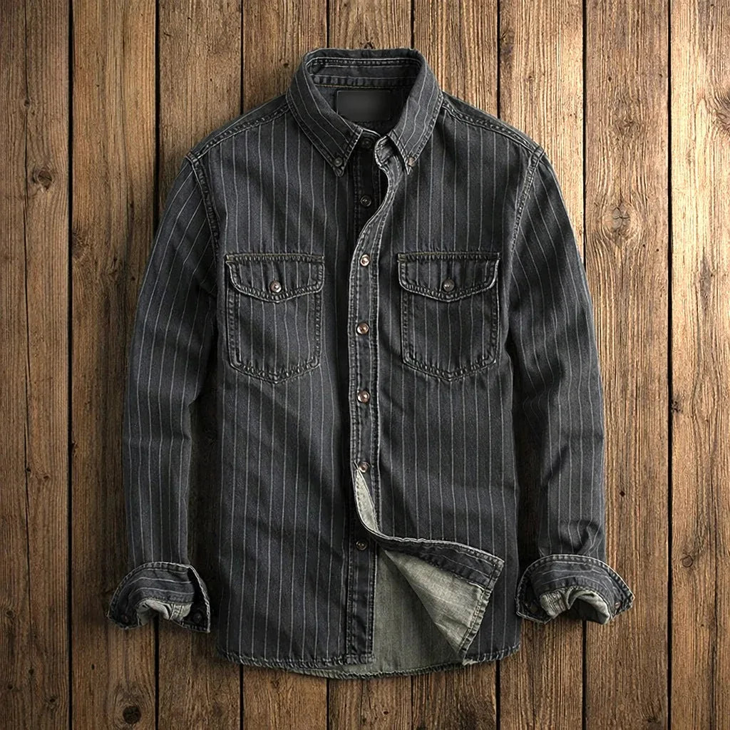 Retro Denim Striped Shirt Men's Casual Slim Fit Spring Fashion Outerwear Lightweight Long Sleeve Polyester Fiber Urban Style
