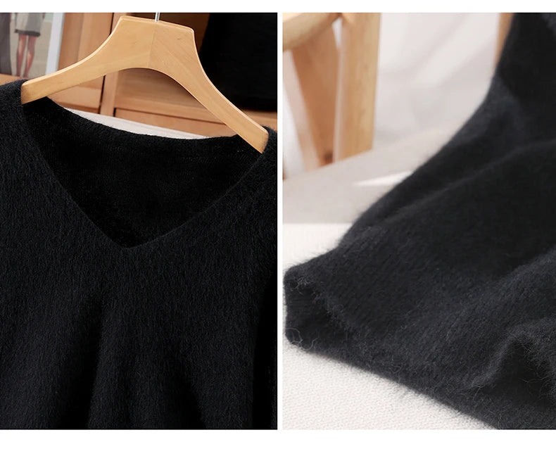 Women's 100% pure mink cashmere V-neck sweater T-shirt solid color knitted fashionable versatile short sleeved pullover sweater