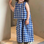 Summer Kids Casual Cute Checkered Print Outfit Sleeveless Tank Top + Loose Pant 2 Pcs Set 2- 7 Years Girls Fashion Clothes