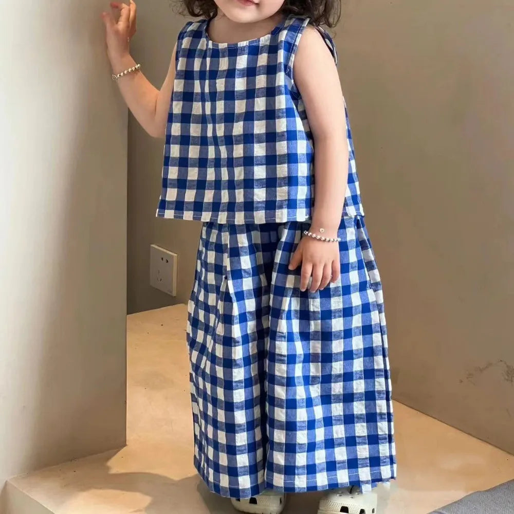 Summer Kids Casual Cute Checkered Print Outfit Sleeveless Tank Top + Loose Pant 2 Pcs Set 2- 7 Years Girls Fashion Clothes