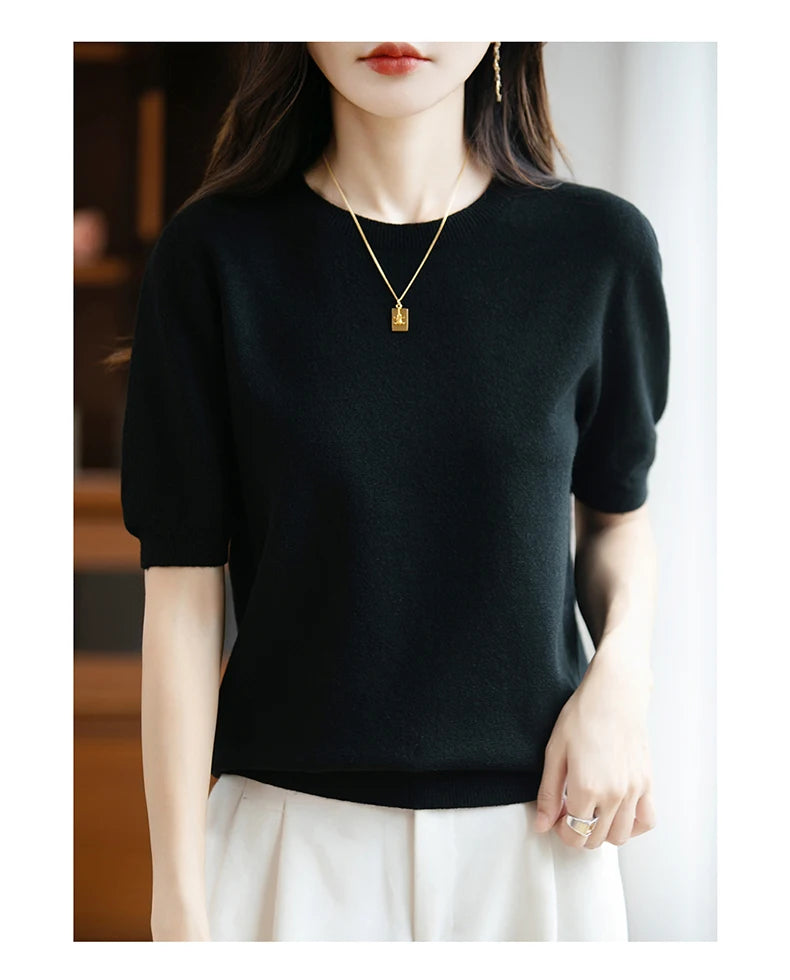 Fall/winter women's O-neck basic warm casual pullover fashion short sleeve 100% wool 22-color knitted sweater.