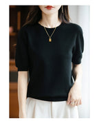 Fall/winter women's O-neck basic warm casual pullover fashion short sleeve 100% wool 22-color knitted sweater.
