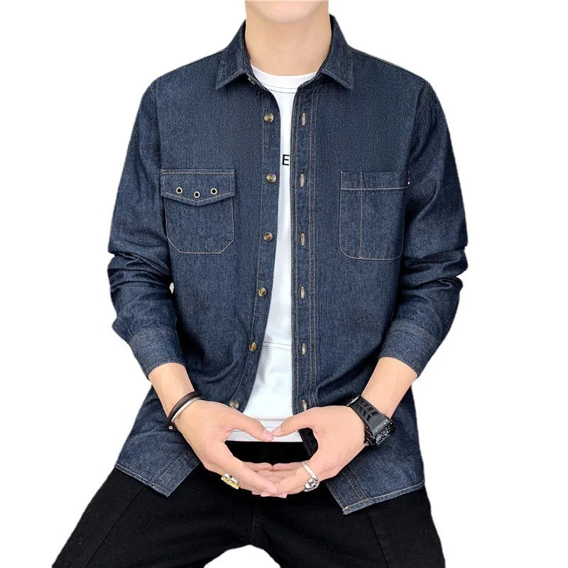 New Men's Denim Shirt Pure Cotton Washed Fashion Top Youth Style Japanese Design Autumn Collection Slim Fit Long Sleeve Casua...
