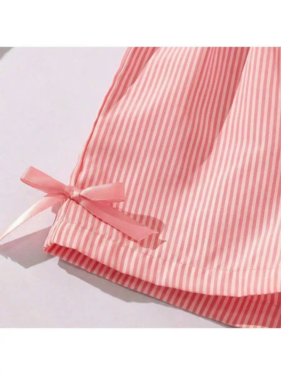 Fashion girl pink and white striped round neck lace up bow ruffle edge+pink striped side butterfly shorts two-piece set