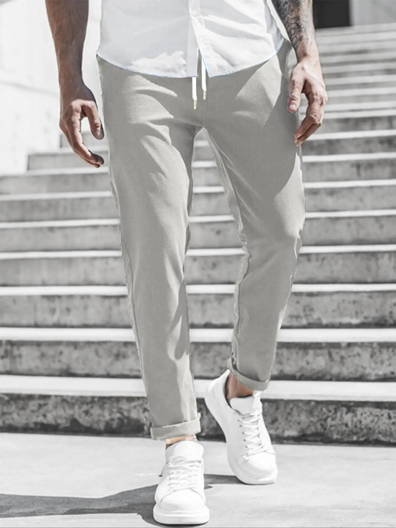 Men's Solid Color Casual Pants with Drawstring Waist Regular Fit Comfy Trousers with Pockets for Spring And Fall