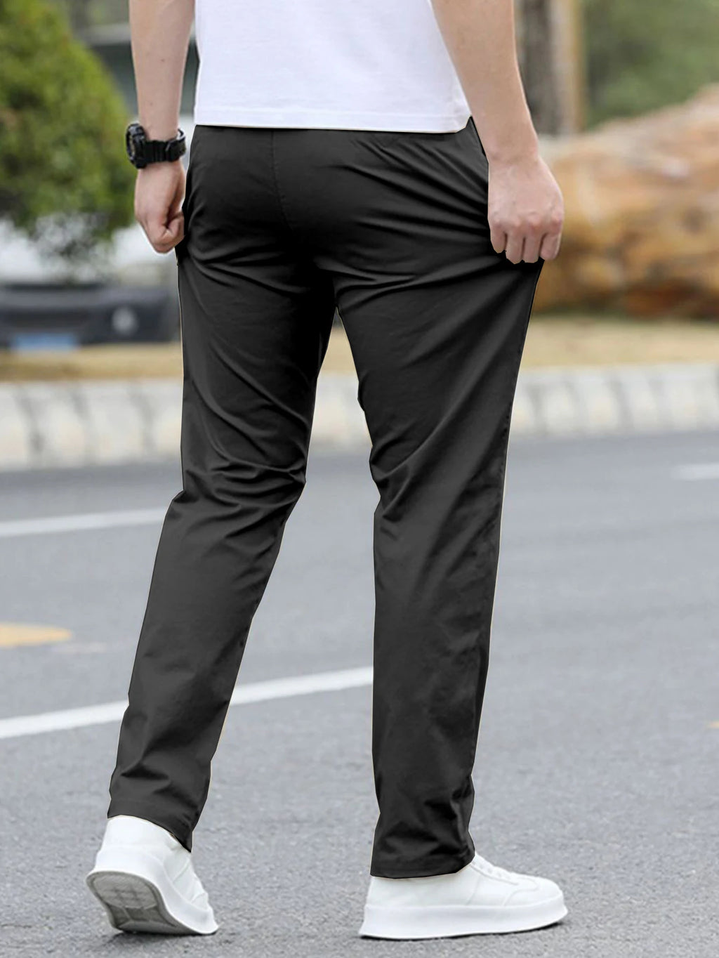 Men's Solid Color Casual Fashion Trousers with Drawstring Waist Regular Fit Pocket Trousers
