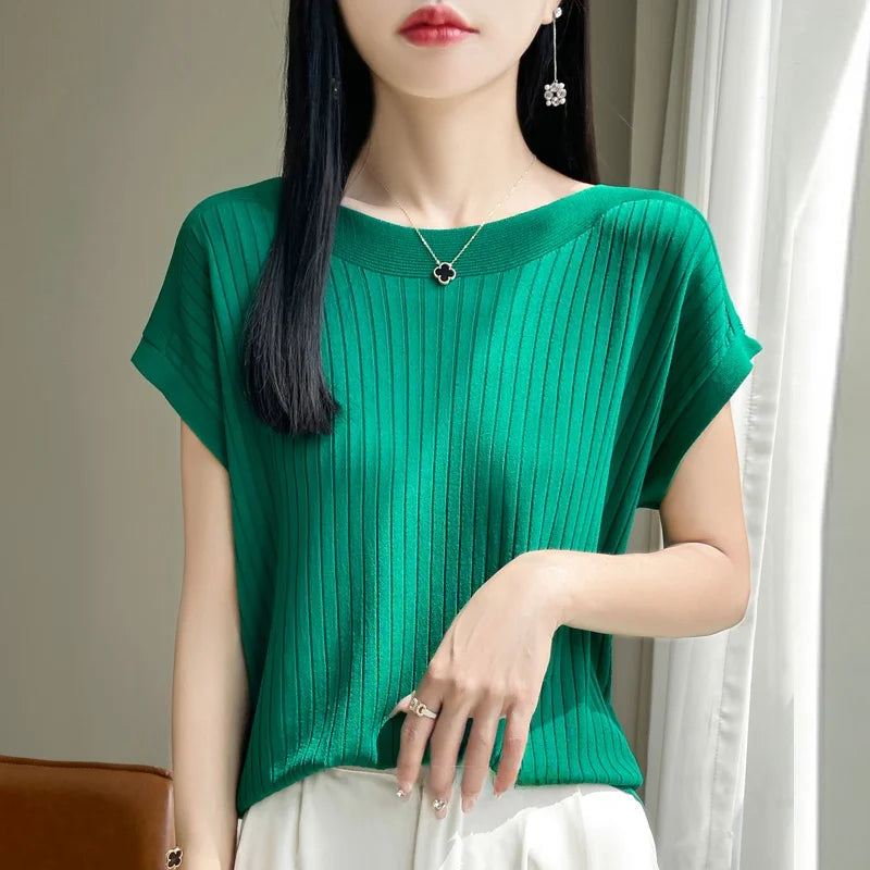 Summer Thin Ice Silk Knitted Loose T-Shirt Women's Short Sleeve Versatile Top Breathable Cool Feeling Pure Color Basic Fit