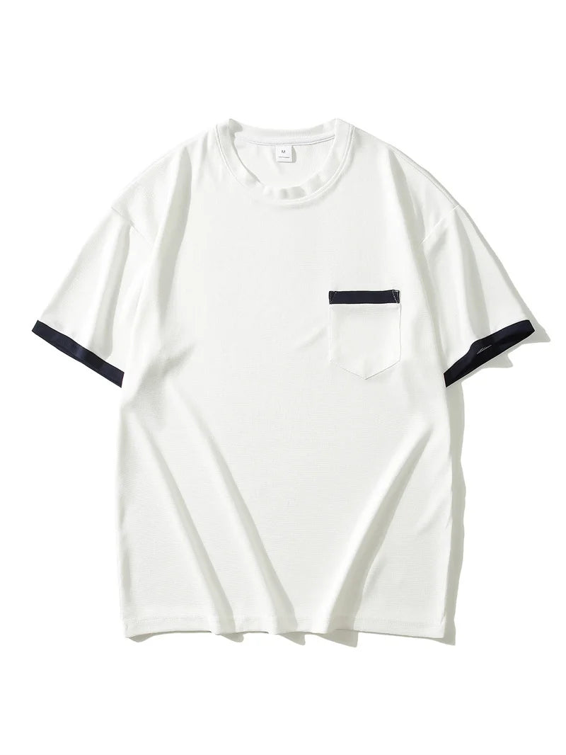 summer Casual breathable Men Tops Patchwork pocket sports pullover Textured Male Loose round collar short sleeve men T-shirts