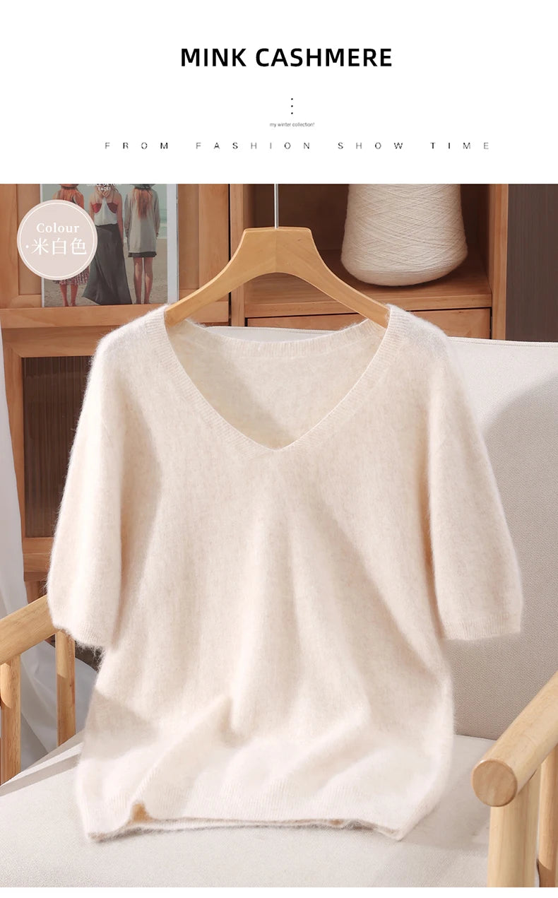 Women's 100% pure mink cashmere V-neck sweater T-shirt solid color knitted fashionable versatile short sleeved pullover sweater