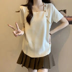 Women Plus Size Square Neck Ice Silk Irregular Hem Short Sleeve T Shirt Loose Slimming Casual Summer Top