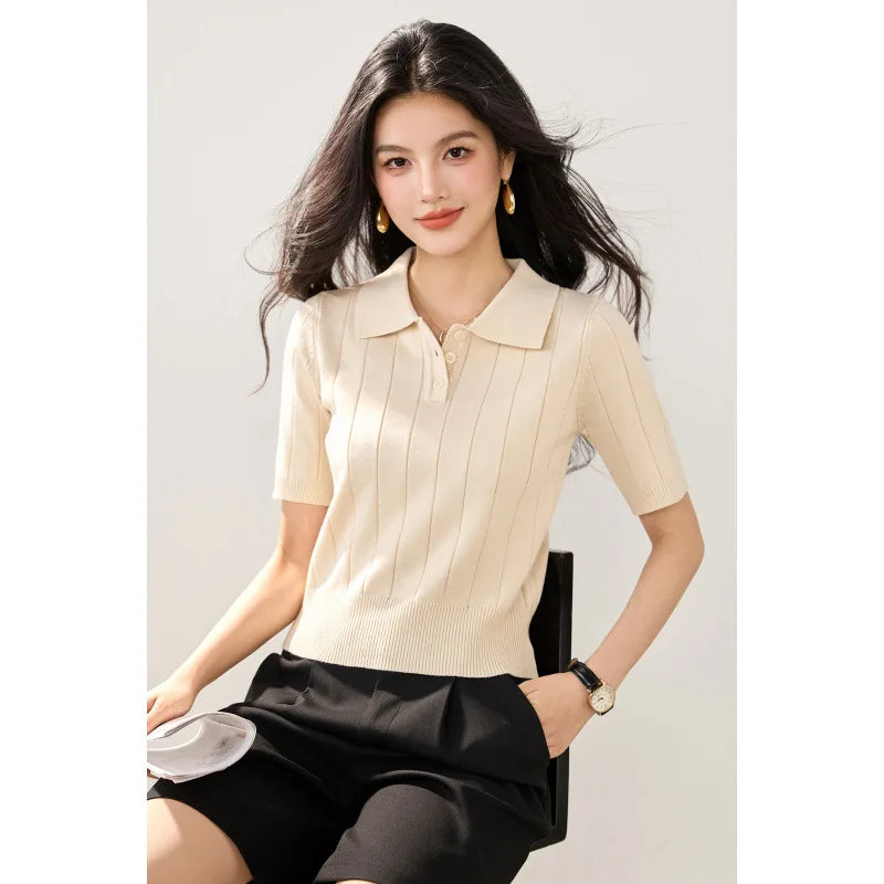 Plus Size Pure Color Polo Shirt Knitted Short Sleeve Ice Silk Short Style Slimming Collar T-Shirt Women Summer Korean Version...