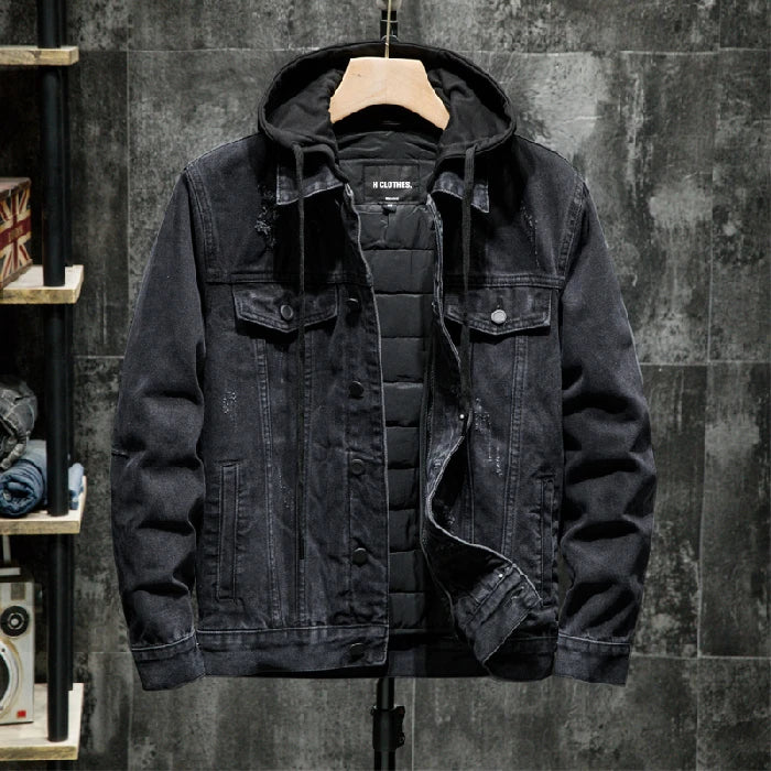 Spring 2023 Men's Loose Fit Thickened Fleece Lined Detachable Hooded Denim Jacket Youth Fashion Winter Outerwear Casual Jeans...