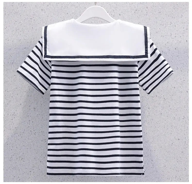 Girls Summer Casual Striped Sailor Collar Short Sleeve Suits 4 6 8 10 12 14 Years Girls JK Style Fashion Tops+Skirts 2pcs Sets