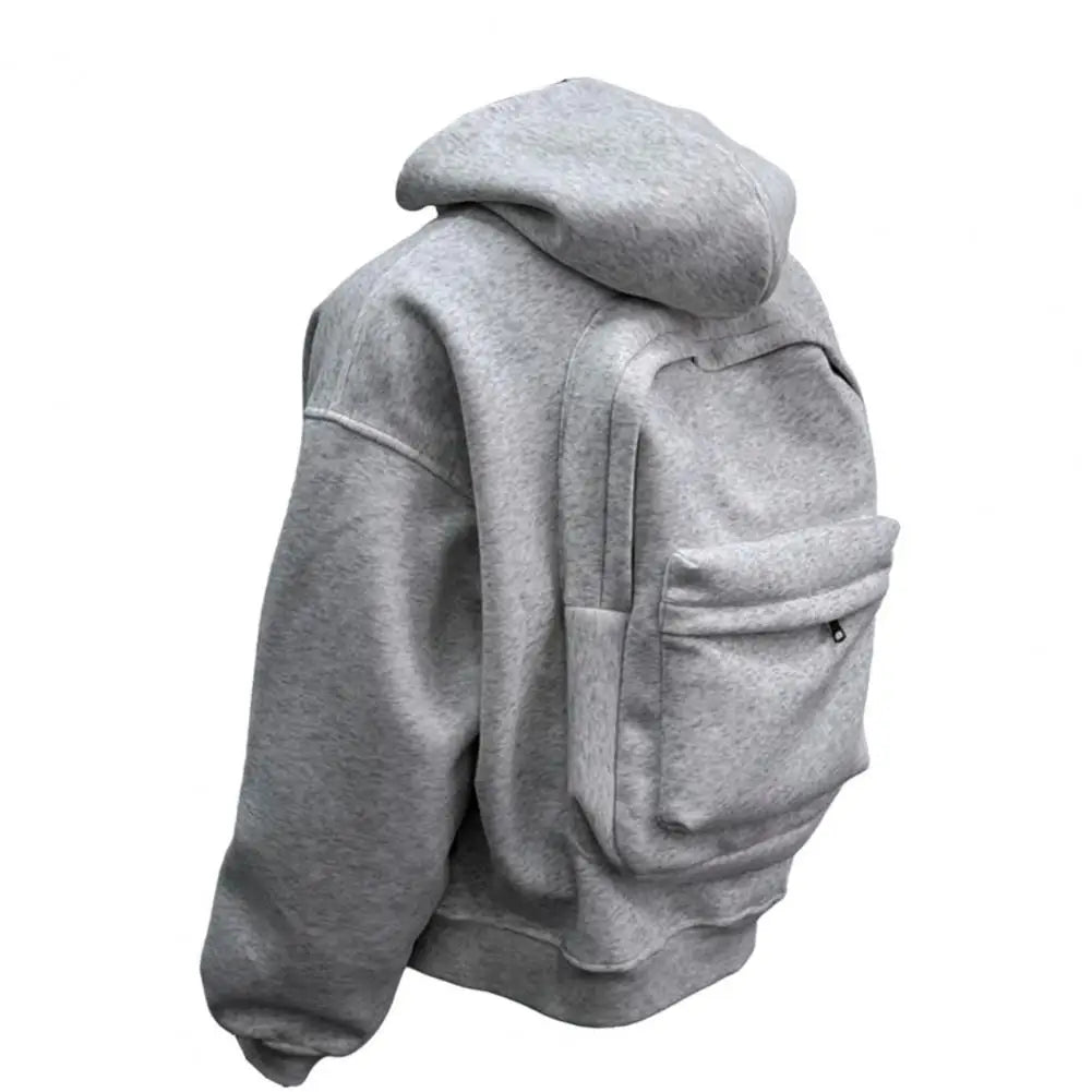 Men Backpack Sweatshirt Coat Long Sleeve Zipper Closure Hoodie with Schoolbag Design Solid Color Loose Fit Outerwear