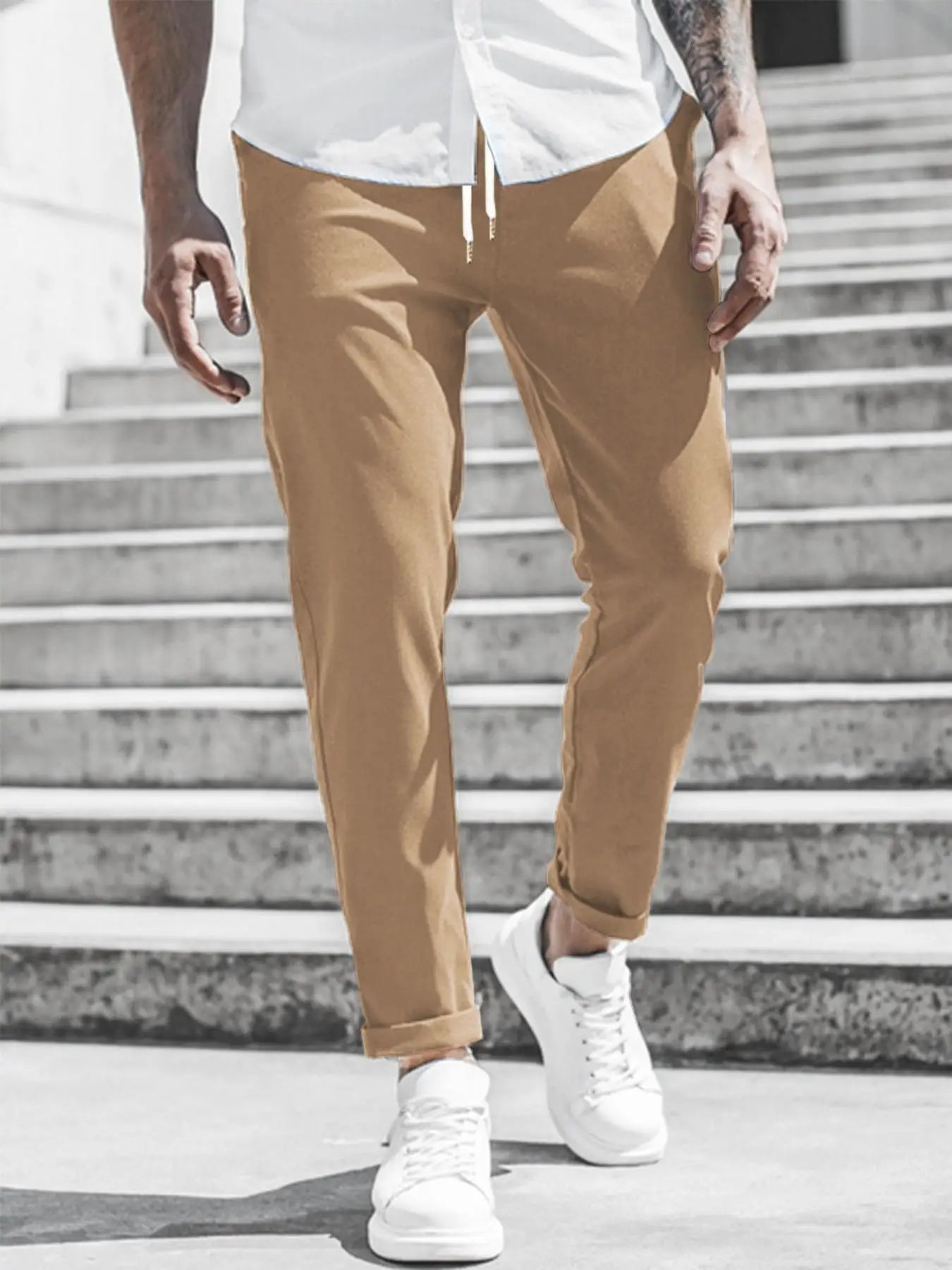Men's Solid Color Casual Pants with Drawstring Waist Regular Fit Comfy Trousers with Pockets for Spring And Fall