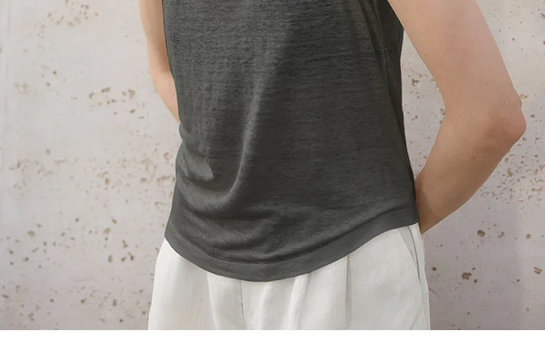 100% Hemp Knitted Thin Tank Top For Women Solid Color Summer Round Neck Sleeveless New Breathable Tops White Tops