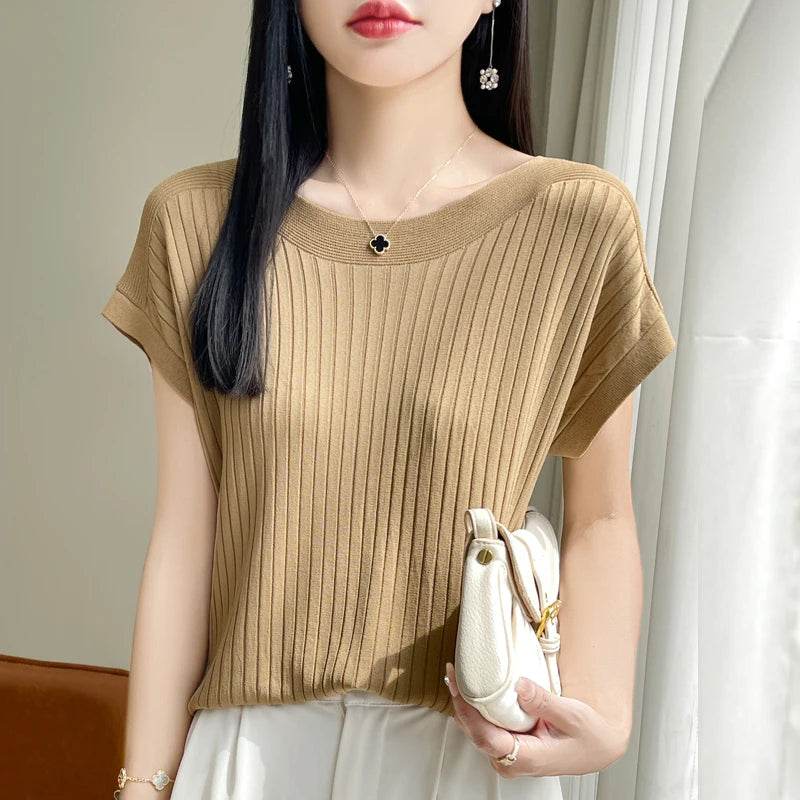 Summer Thin Ice Silk Knitted Loose T-Shirt Women's Short Sleeve Versatile Top Breathable Cool Feeling Pure Color Basic Fit