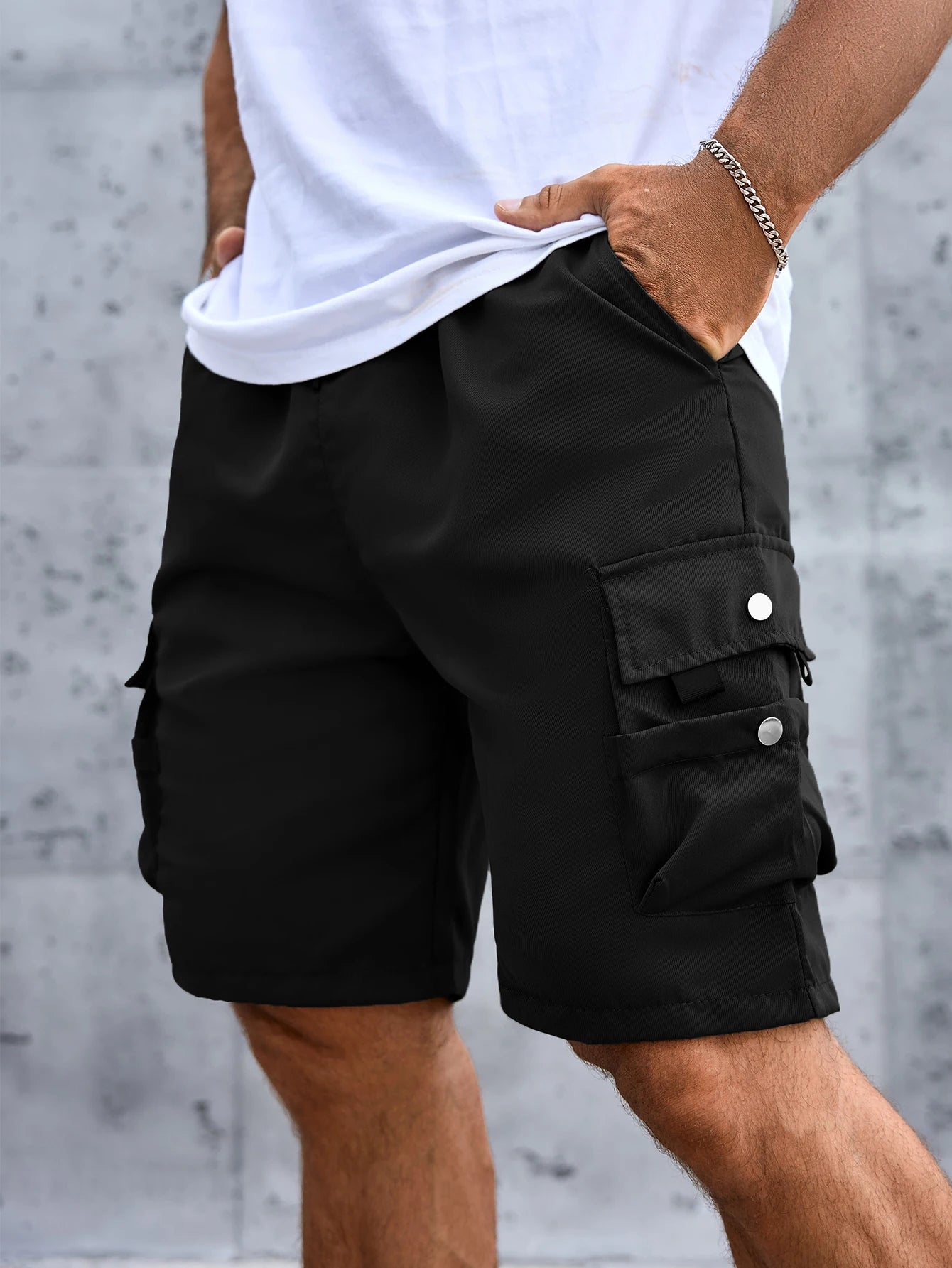 Men's Solid Cargo Shorts with Flap Pockets, Versatile And Trendy for Summer Outdoors And Sports Wear, 100% Polyester