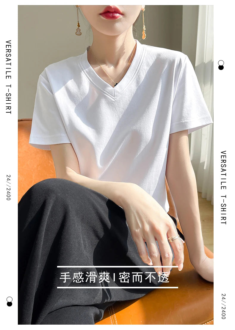 Summer V-neck 100% Cotton Short-Sleeved T-Shirt Women's Loose Mercerized Cotton Half-Sleeve Bottoming Shirt White High-end Top